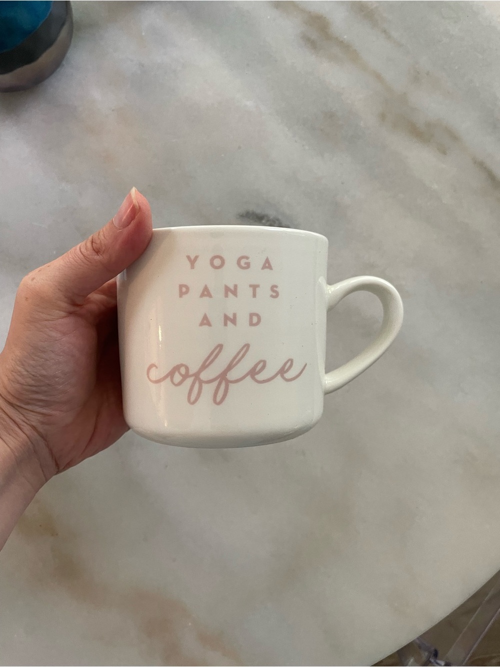 White Ceramic Mug with Pink 'Yoga Pants and Coffee' Script